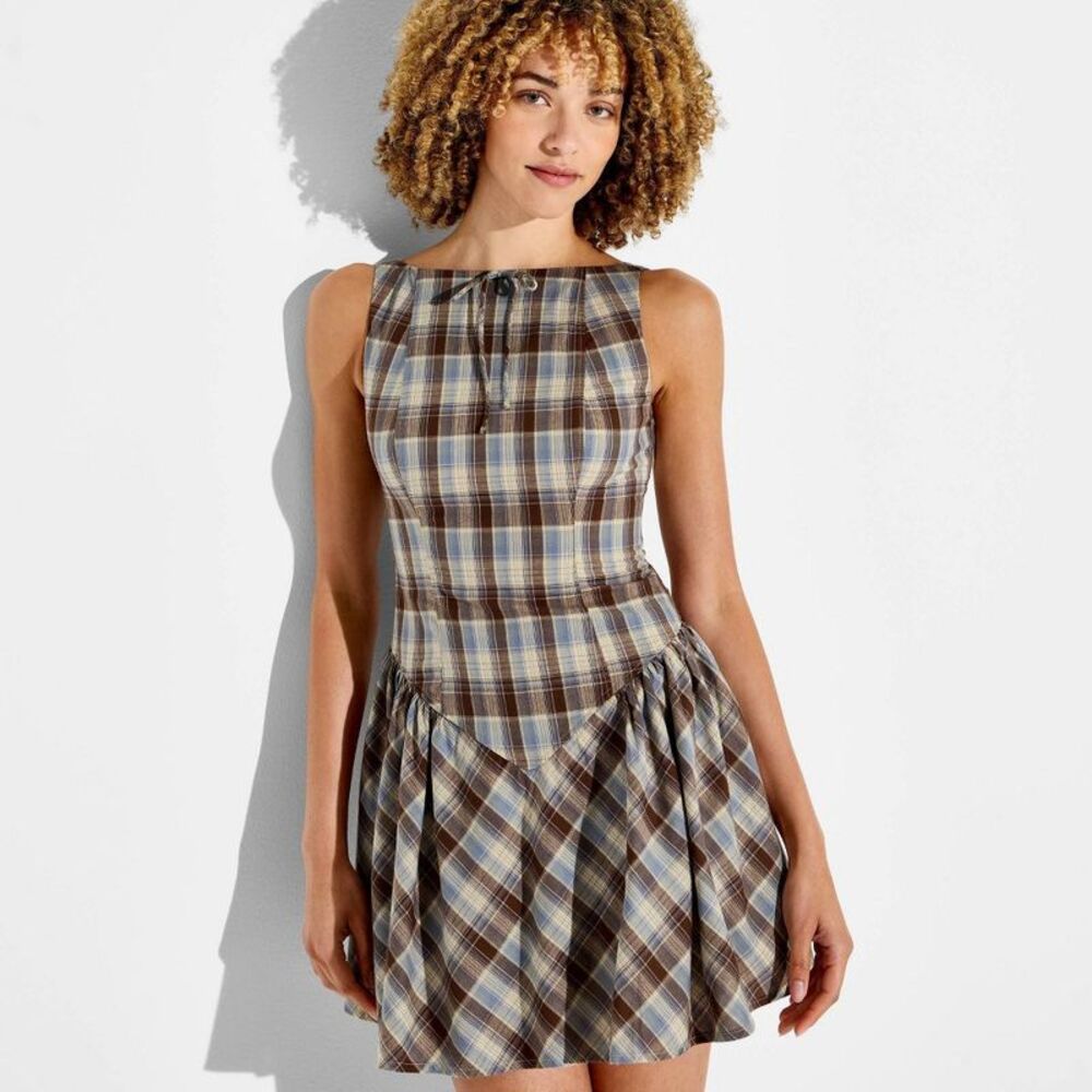 Women's Dropped Waist Mini Skater Dress - Wild Fable Brown Plaid S